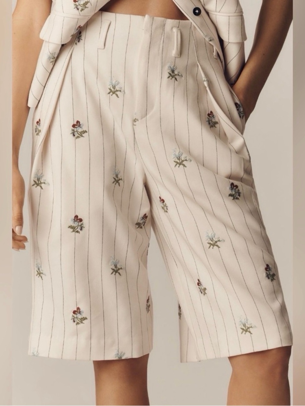 Anthropologie Maeve Cream Pinstripe Floral Embellished Bermuda Shorts XL
